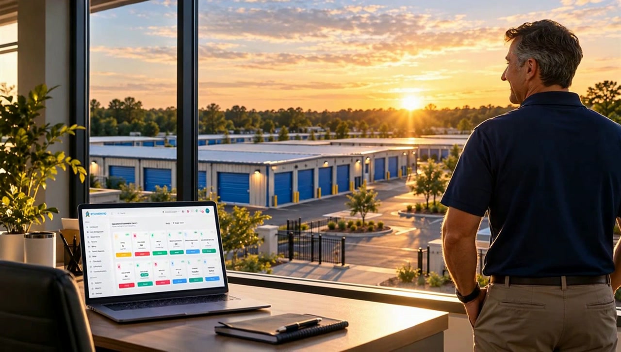 Self-storage operator looking over a facility at sunset, with Storentic Portal open on a laptop