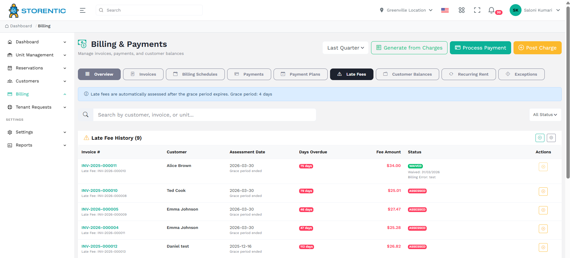 Late fee management in Storentic Portal
