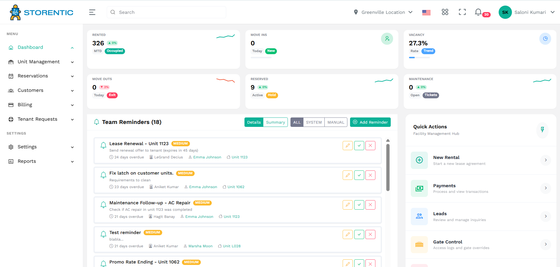 Storentic Portal dashboard showing occupancy and revenue metrics