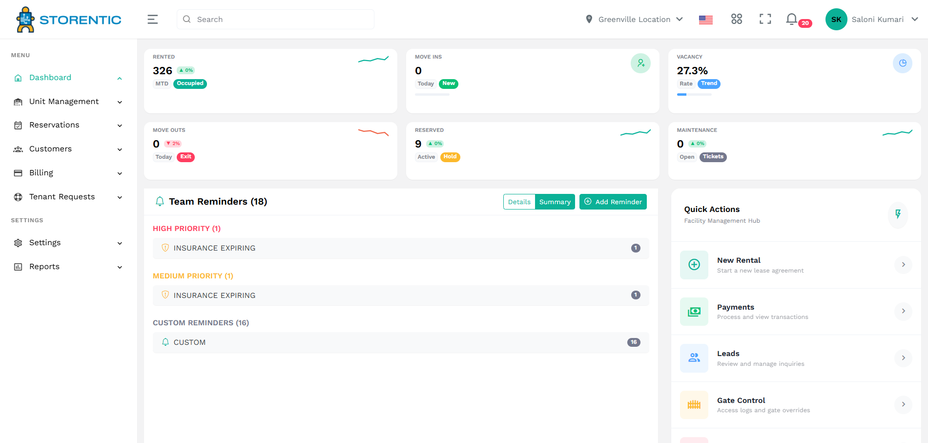 Storentic Portal dashboard showing occupancy and revenue metrics