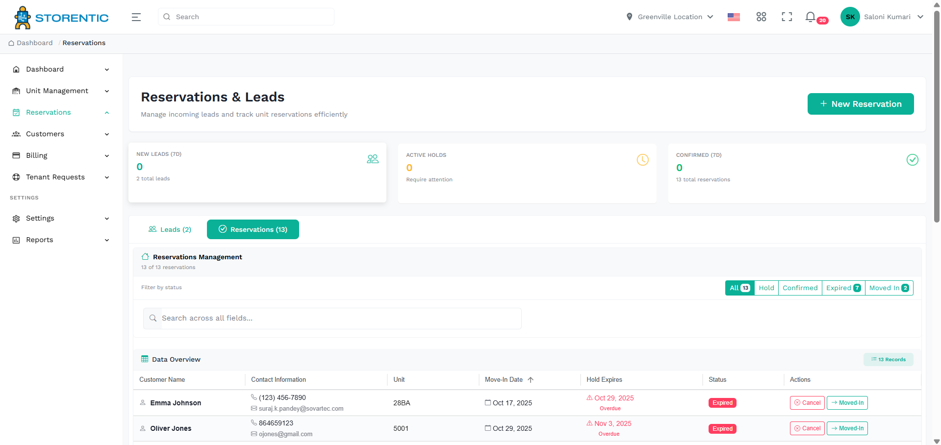 Reservation management in Storentic Portal