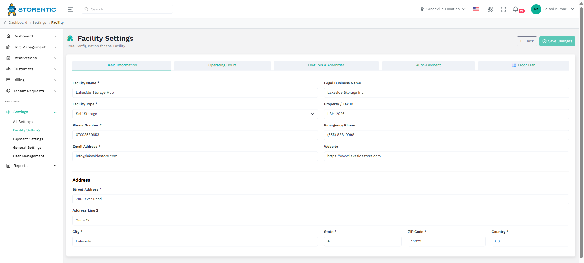 Facility settings in Storentic Portal