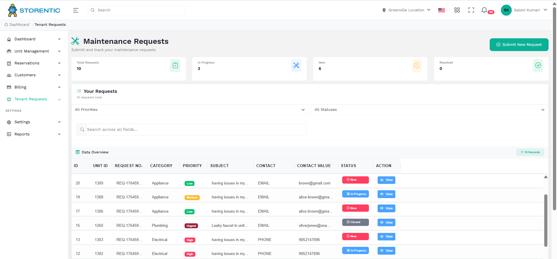 Customer requests in Storentic Portal