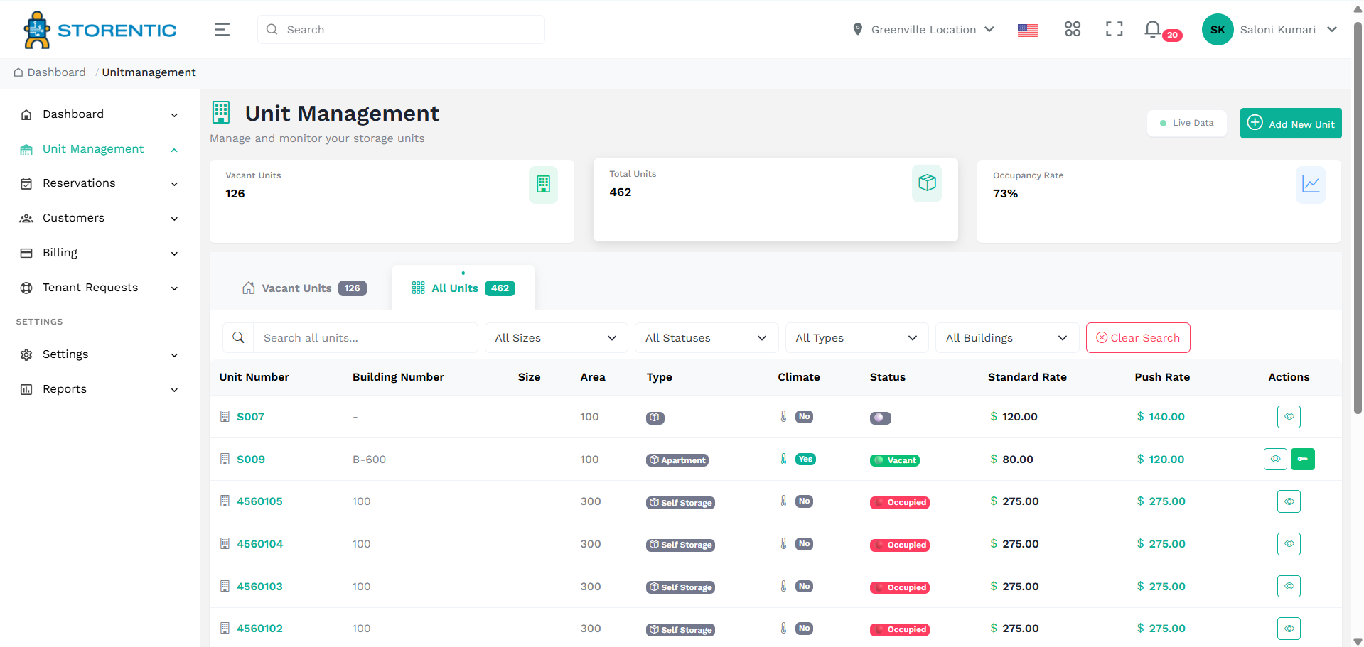 Unit management interface in Storentic Portal