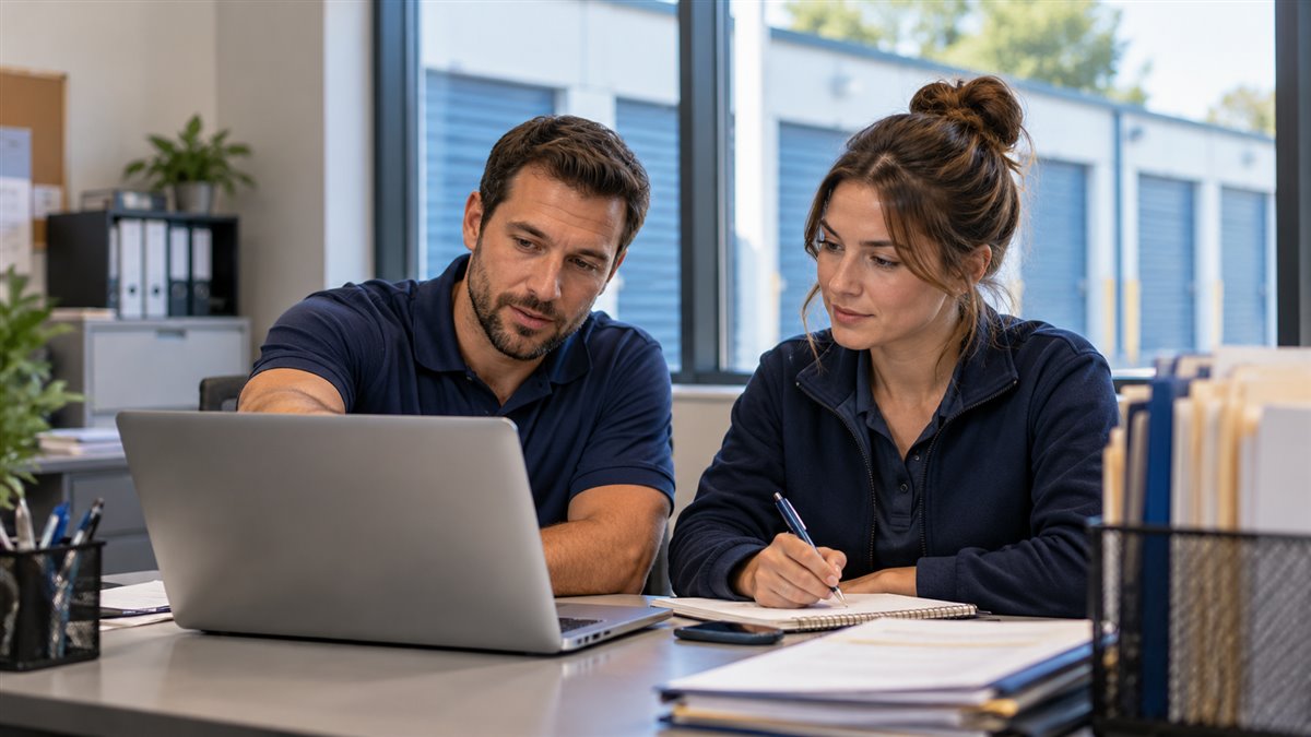 Illustrative scene of two facility staff planning a software transition with a laptop and notebook.
