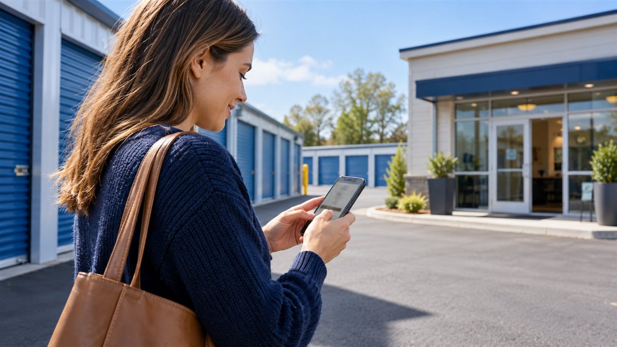 Illustrative scene of a customer using a smartphone outside a self-storage facility.