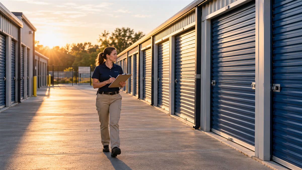 Illustrative scene of a facility manager reviewing a checklist beside blue storage doors at sunrise.