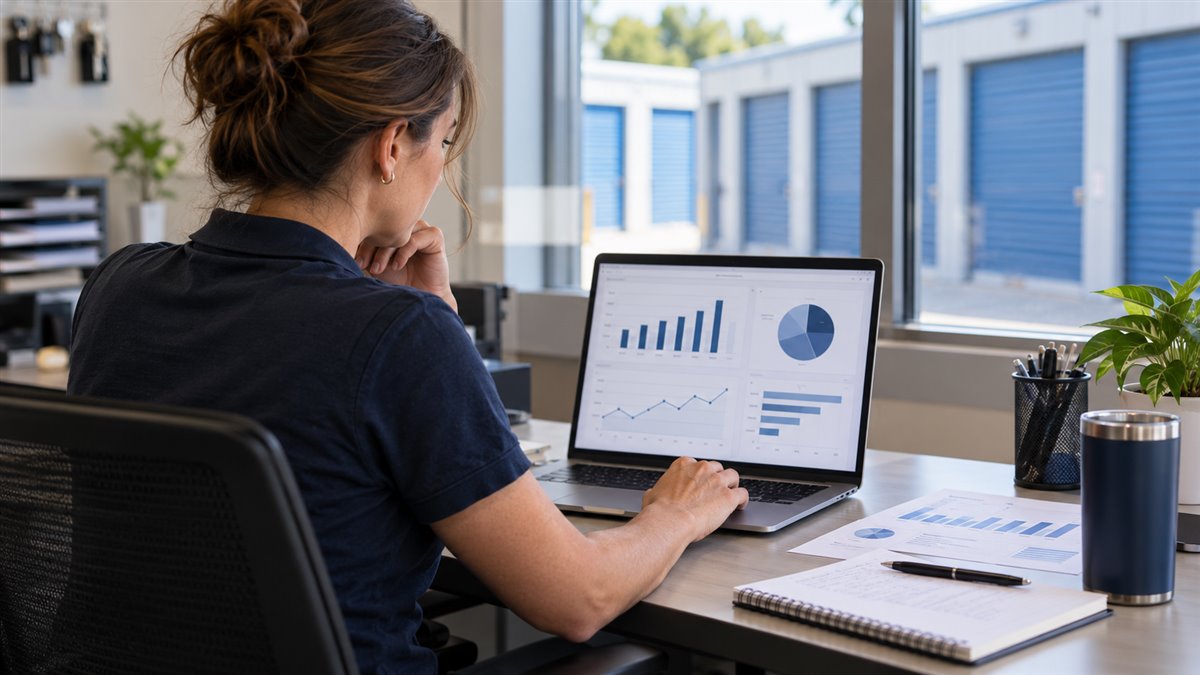 Illustrative scene of a manager reviewing charts and reports in a storage facility office.